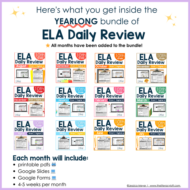 10th Grade ELA Daily Review & Assessment Reading Comprehension Bundle High School