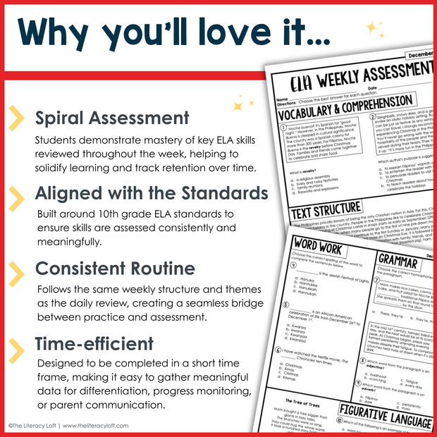 8th Grade ELA Reading Comprehension Morning Work Assessment Winter Review - Dec