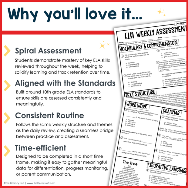 7th Grade ELA Reading Comprehension Morning Work Assessment Review Winter - Dec