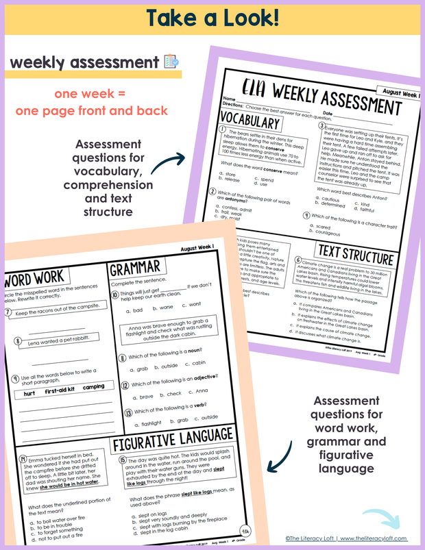 4th Grade ELA Morning Work and Weekly Assessments Bundle