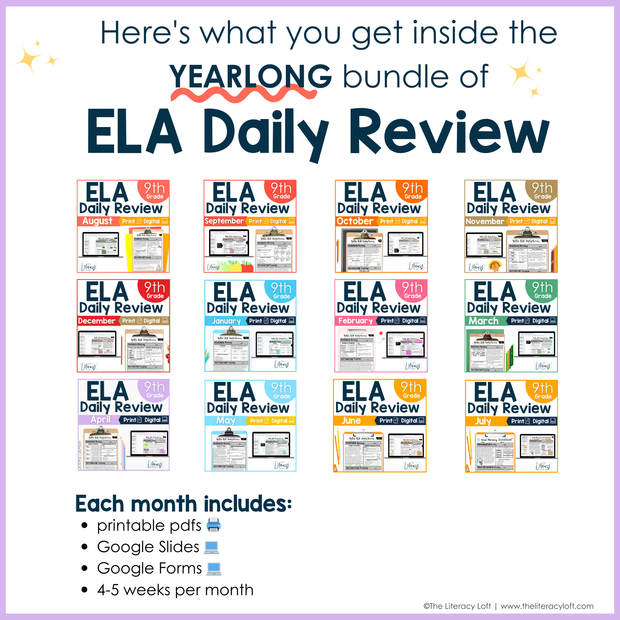 9th Grade ELA Morning Work & Assessment Reading Comprehension Bundle High School