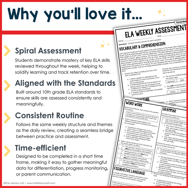 9th Grade ELA Reading Comprehension Morning Work Assessment Winter Review - Dec