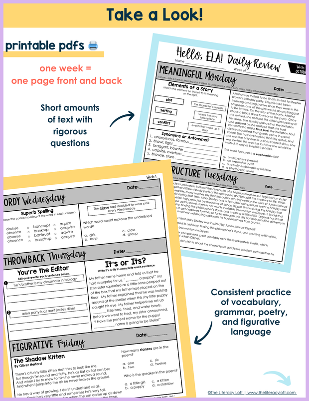 6th-7th Grade ELA Daily Review and Weekly Assessment Bundle