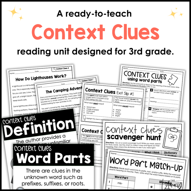 3rd Grade Context Clues Reading Comprehension Unit Vocabulary Worksheets Graphic Organizers Posters