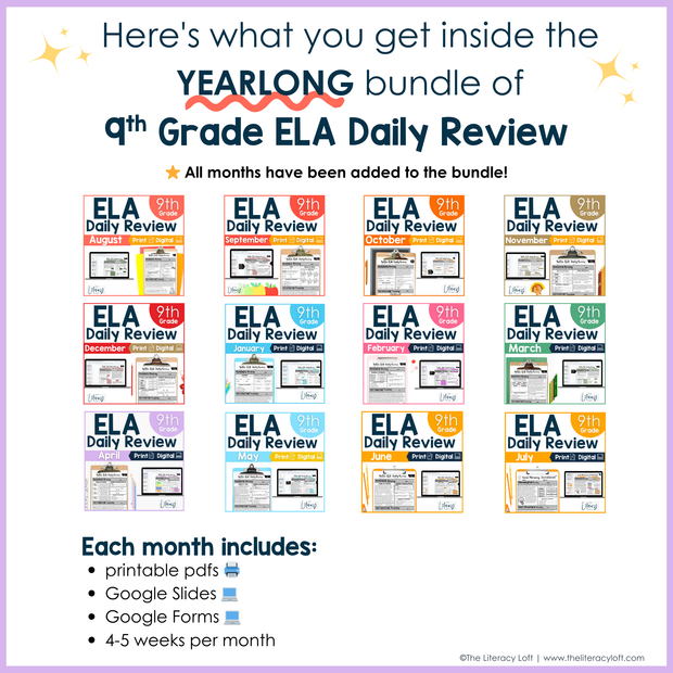 9th-10th Grade ELA Daily Review & Assessment Reading Comprehension Bundle High School