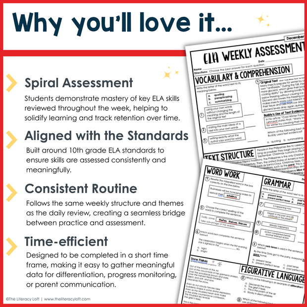 6th Grade ELA Reading Comprehension Morning Work Assessment Winter Review - Dec