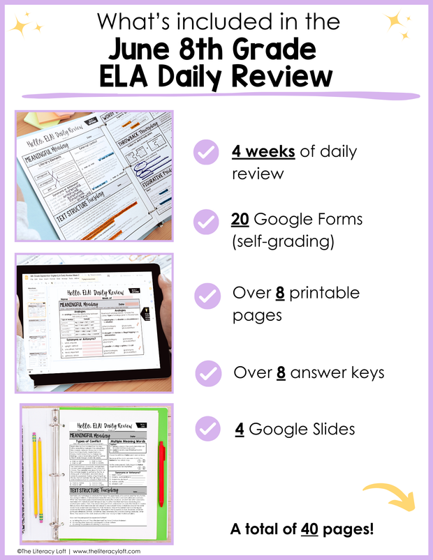 ELA Daily Review 8th Grade {June} | Distance Learning | Google Slides and Forms