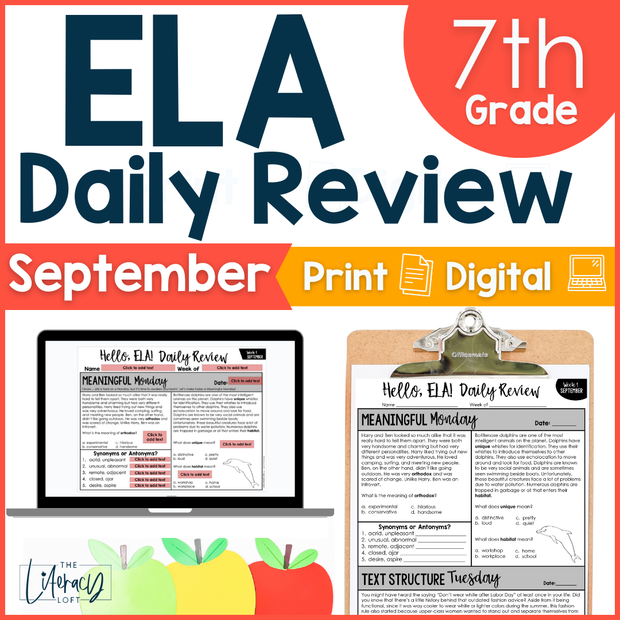 ELA Daily Review 7th Grade {September} | Distance Learning | Google Slides and Forms