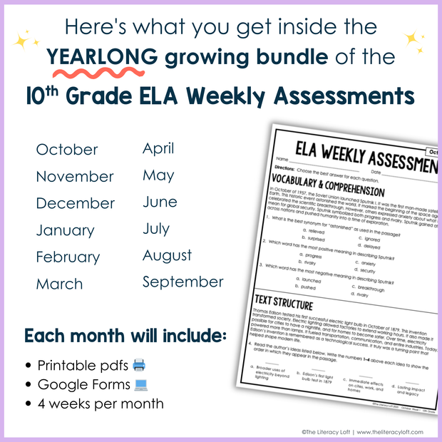 10th Grade ELA Daily Review & Assessment Reading Comprehension Bundle High School