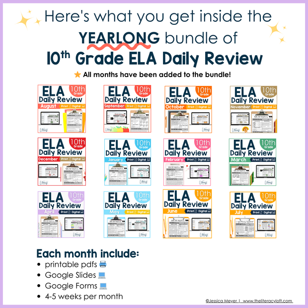 9th-10th Grade ELA Daily Review & Assessment Reading Comprehension Bundle High School