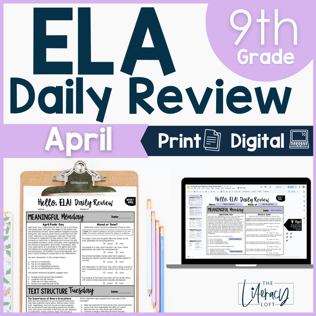 9th Grade ELA High School Spring Spiral Review Grammar Vocabulary Reading April