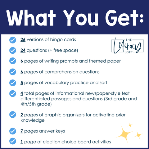 2024 Presidential Election Reading Comprehension Bingo 3rd 4th 5th Grade Passages Questions Graphic Organizers Writing Prompts