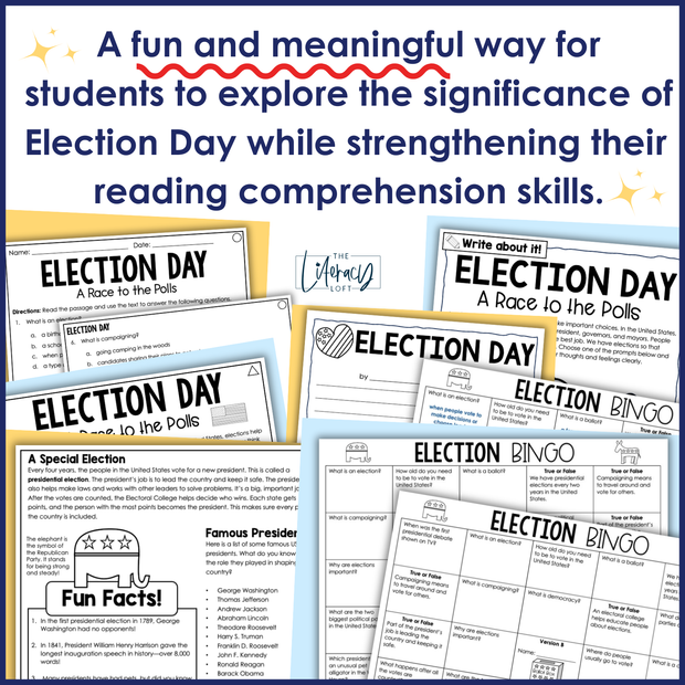 2024 Presidential Election Reading Comprehension Bingo 3rd 4th 5th Grade Passages Questions Graphic Organizers Writing Prompts