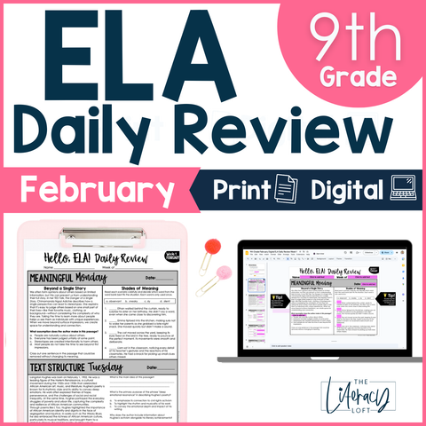 9th Grade ELA High School Winter Spiral Review Grammar Vocab Reading - February