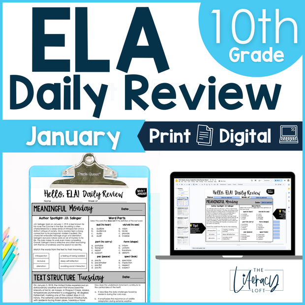 10th Grade ELA High School Winter Spiral Review Grammar Vocab Reading - January