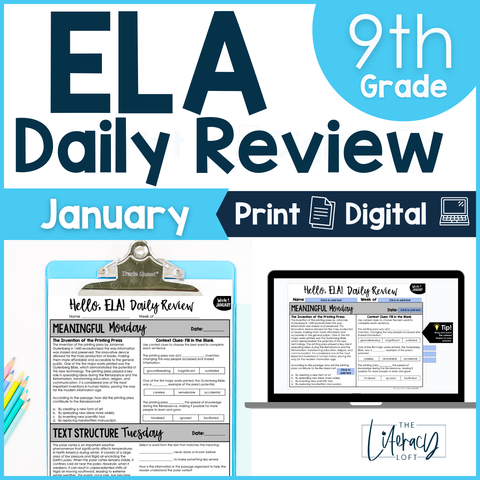 9th Grade ELA High School Winter Spiral Review Grammar Vocab Reading - January