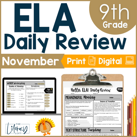 9th Grade ELA High School Daily Review November Thanksgiving Fall Grammar Vocabulary