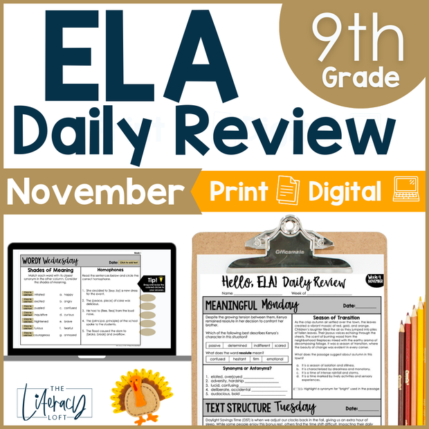 9th Grade ELA High School Daily Review November Thanksgiving Fall Grammar Vocabulary