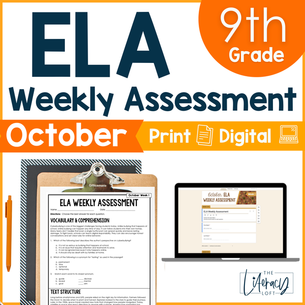 9th Grade ELA Reading Comprehension October Morning Work Assessment High School
