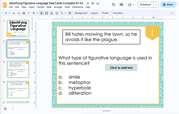Identifying Figurative Language Task Cards (Set 1) 6th Grade | Google Apps