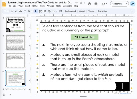 Summarizing Informational Texts Task Cards 4th-5th Grade | Distance Learning | Google Apps