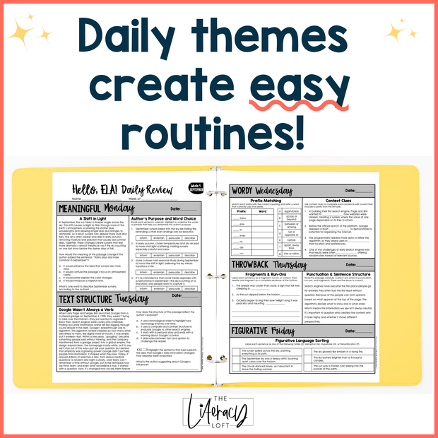 9th Grade ELA Back to School Reading Comprehension Grammar High School - September