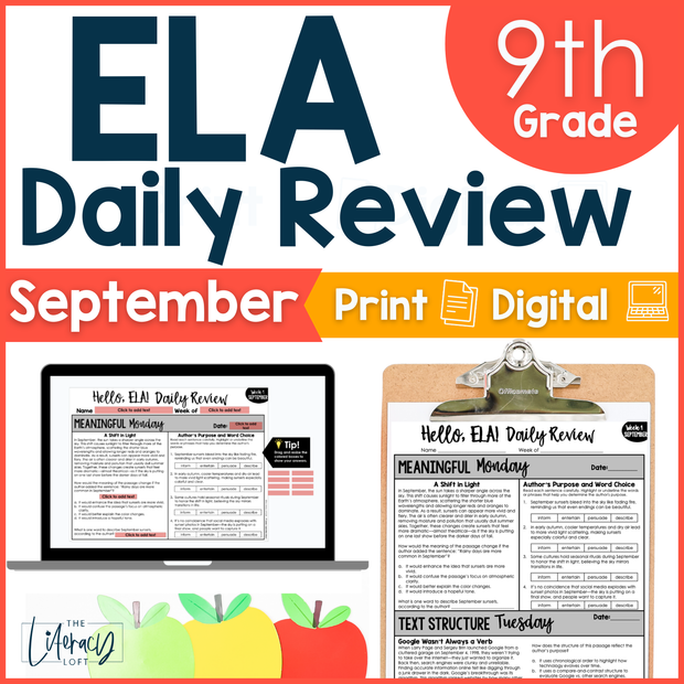 9th Grade ELA Back to School Reading Comprehension Grammar High School - September