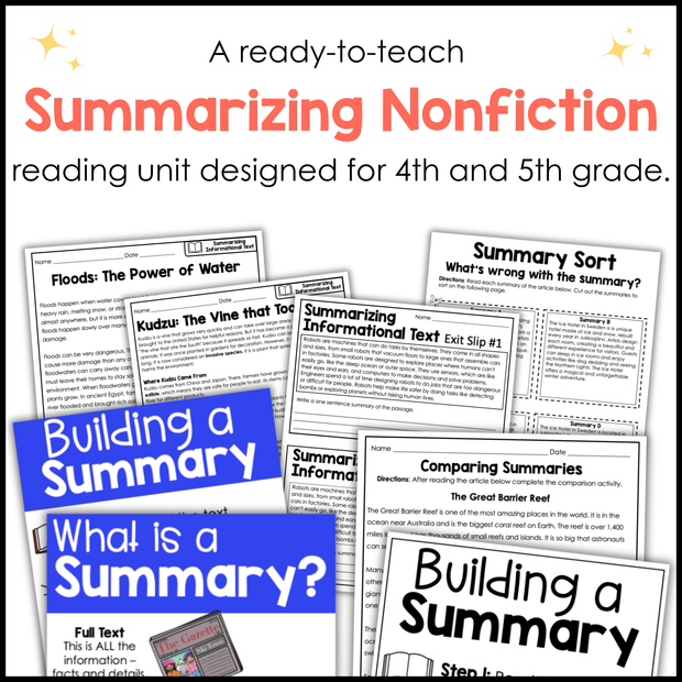 4th 5th Grade Summarizing Nonfiction Text Reading Comprehension Passages Unit