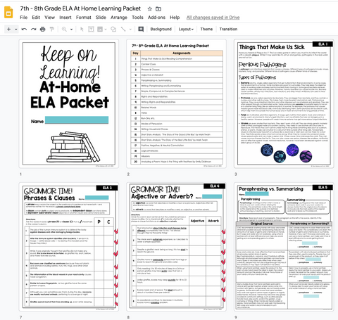 4 Week At Home Learning Packet (ELA ONLY 7th-8th Grade) | Distance Learning | Google Slides