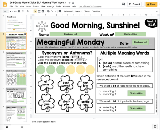 ELA Morning Work 2nd Grade {March} | Distance Learning | Google Slides