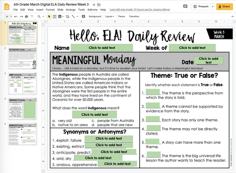 ELA Daily Review 6th Grade {March} | Distance Learning | Google Slides and Forms