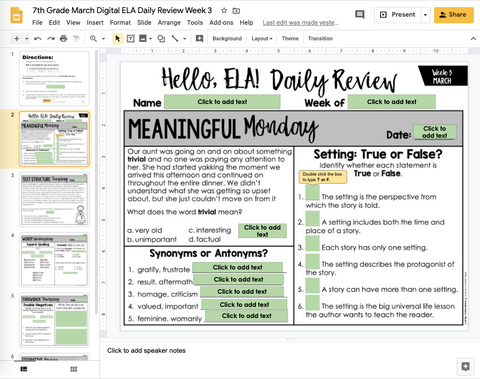 ELA Daily Review 7th Grade {March} | Distance Learning | Google Slides and Forms