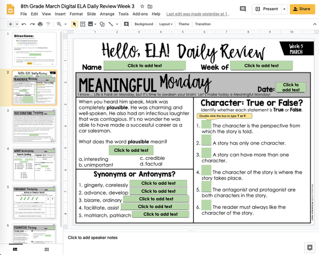 ELA Daily Review 8th Grade {March} | Distance Learning | Google Slides and Forms