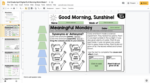 ELA Morning Work 2nd Grade {April} | Distance Learning | Google Slides