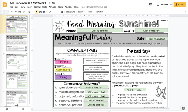 ELA Morning Work 5th Grade {April} | Distance Learning | Google Slides