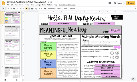 ELA Daily Review 7th Grade {April} | Distance Learning | Google Slides and Forms