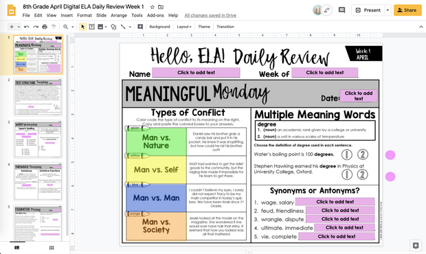 ELA Daily Review 8th Grade {April} | Distance Learning | Google Slides and Forms