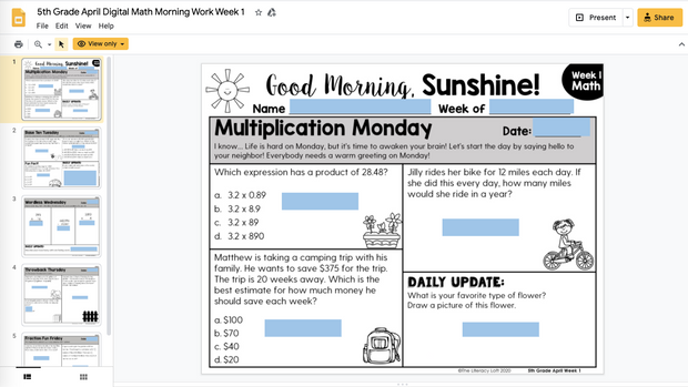 Math Morning Work 5th Grade {April} | Distance Learning | Google Slides