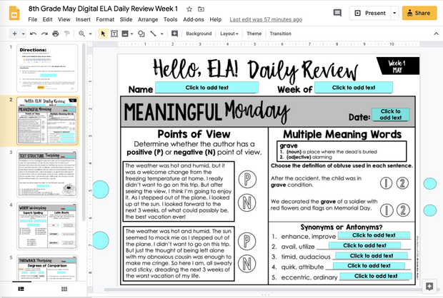 ELA Daily Review 8th Grade {May} | Distance Learning | Google Slides and Forms
