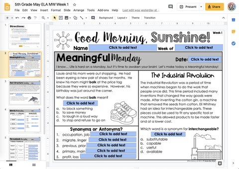ELA Morning Work 5th Grade {May} | Distance Learning | Google Apps