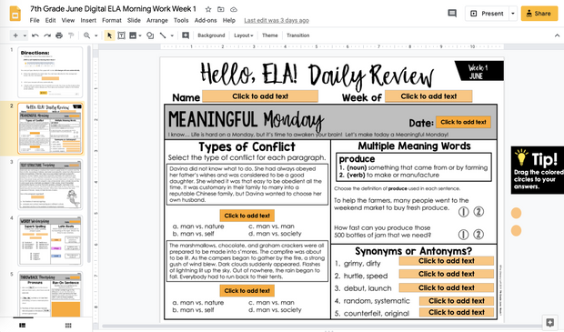 ELA Daily Review 7th Grade {June} | Distance Learning | Google Slides and Forms
