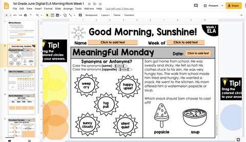 ELA Morning Work 1st Grade (June) | Distance Learning | Google Slides