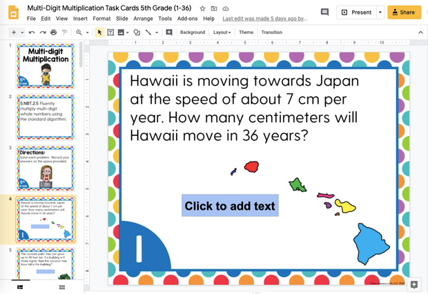 Multi-digit Multiplication Task Cards (5th Grade) | Distance Learning | Google Apps