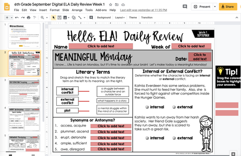 ELA Daily Review 6th Grade {September} | Distance Learning | Google Slides and Forms