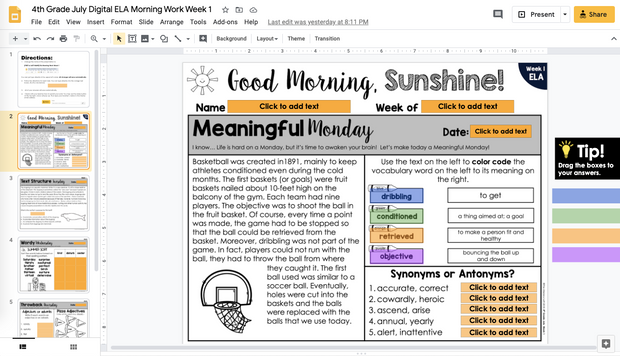 ELA Morning Work 4th Grade {July} | Distance Learning | Google Slides