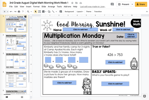 Math Morning Work 3rd Grade {August} | Distance Learning | Google Apps