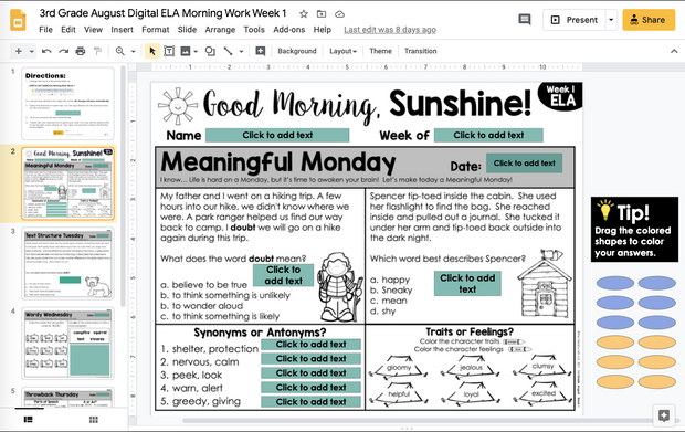 ELA Morning Work 3rd Grade {August} | Distance Learning | Google Slides