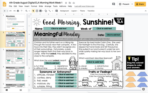 ELA Morning Work 4th Grade {August} | Distance Learning | Google Slides