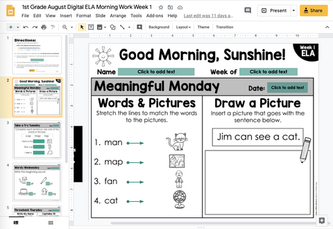1st Grade ELA Morning Work (August) | Distance Learning | Google Slides