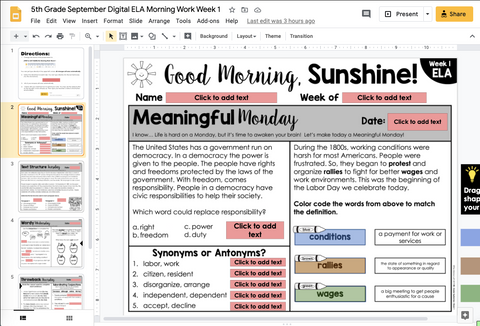ELA Morning Work 5th Grade {September} | Distance Learning | Google Slides